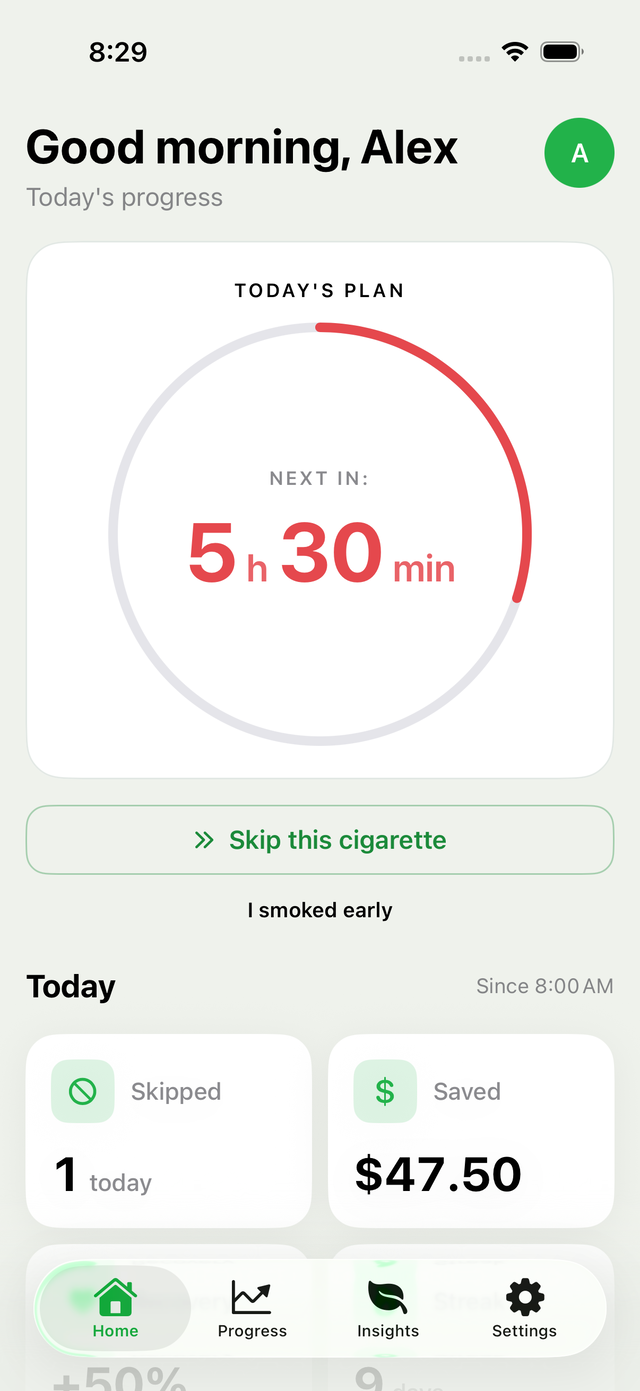SmokeClock home screen — today's plan with a live countdown to the next cigarette, skipped count, and money saved