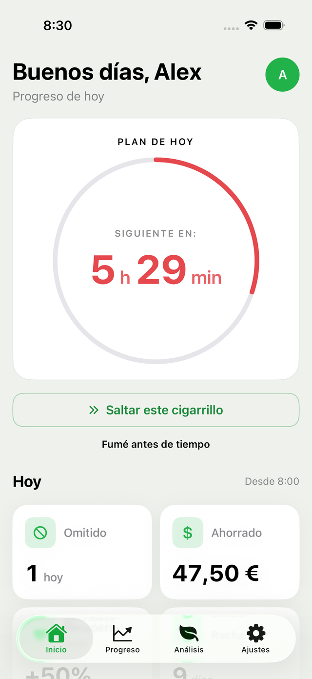 Pantalla principal de SmokeClock — plan de hoy con cuenta atrás hasta el próximo cigarrillo, cigarrillos evitados y dinero ahorrado