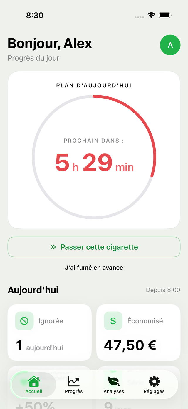 Écran d'accueil de SmokeClock — plan du jour avec compte à rebours jusqu'à la prochaine cigarette, cigarettes évitées et économies